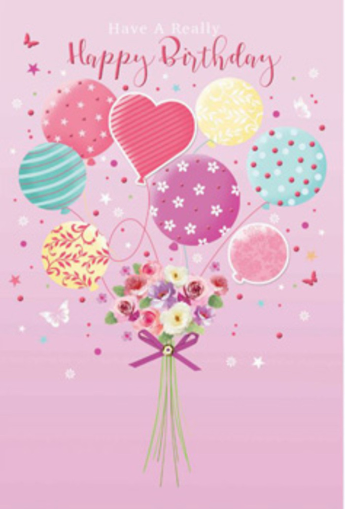 This birthday artwork radiates a sense of gentle jubilation, the kind of quiet happiness that might be felt strolling through Bromley Common on a mild spring afternoon. The background is a light pink field, soft and soothing, that lets a cluster of pastel balloons rise gracefully through the scene. Pale sunshine yellow, rosy fuchsia, and muted lavender blend with hints of mint and cream, each balloon shaded carefully to appear round and weightless. Some balloons are decorated with whimsical patterns-spiralling ribbons, scattered polka dots, and delicate motifs that suggest streamers and confetti fluttering in the air. Together, they seem to lift a small, hand-tied bouquet upward in celebration, as though the flowers are being gently carried toward a nearby birthday gathering. At the base of the image, the bouquet itself rests: petite roses and daisy-like blossoms with velvet-soft petals shaded from cream to sweet rose, as if just kissed by morning light filtering through a local Bromley Common florist's window. The flowers feel carefully chosen, their colours delicately echoing the pastels of the balloons, creating a cohesive, dreamy palette. Tiny butterflies dance around the arrangement, suggesting movement and a storybook charm, like a fairy-tale garden suspended in time. The overall mood is one of tenderness and joy, the sort of arrangement that whispers, rather than shouts, birthday wishes. Every element-the florals, the playful patterns, the fluttering details-appears crafted with an expert's eye, turning this illustration into a graceful tribute to someone cherished on their special day.