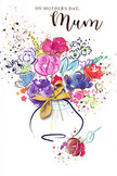 This Mother's Day card is adorned with a joyful watercolour bouquet that feels light, free, and full of emotion, as if inspired by the colourful gardens and green verges surrounding Bromley Common. At the centre, a cluster of large blossoms in vivid cerise, magenta, and bright pink burst outward, their petals painted with sweeping, rounded strokes that overlap and blend at the edges. Darker outlines in deep indigo and blue sweep along the curves of the petals and swirl into the flower centres, giving them structure and a sense of gentle motion, like blooms turning towards the light. Between these statement flowers, smaller splashes of soft lavender, dusty rose, and pale blue introduce a cooler, more tranquil note, balancing the exuberant pinks with a soothing, floral haze. Glinting highlights of gold trace selected petal tips and leaf shapes, lending the design a touch of refinement and subtle sparkle, as if the bouquet has been dusted with golden light. The background remains a clean white, but it's alive with energy from flicks of colour and tiny, floating heart motifs that surround the bouquet like festive confetti. All the stems appear to gather into a gently curved vase at the base, painted in washed blues and violets so that it looks both delicate and modern. A neat golden bow sits at the neck of the vase, recalling the soft rustle of ribbon wrapped around a bouquet just before it leaves a local shop for delivery across Bromley Common. The entire composition radiates warmth, gratitude, and joy, offering a heartfelt visual tribute to mothers everywhere.