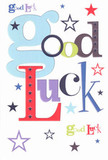 A bold, cheerful good luck card is laid out against a crisp white background, its design as lively as a celebratory bouquet delivered across Bromley Common. The words Good Luck stretch confidently across the card, each letter drawn in a different playful font and colour, like a row of characterful blooms in a flower bed. A large, pastel baby-blue g leads the greeting, curving softly and setting a lighthearted, optimistic tone. Around it, deep reds, mossy greens, and rich violets step in with more grounded energy, suggesting courage and determination to match the joy. The letters feel almost cut from coloured paper or carefully inked by hand, with smooth, printed edges that invite your fingertips to trace along the shapes. Scattered around the lettering are small stars in navy, indigo, sky-blue, lilac, and lemon-lime, some bold and bright, others pale and whisper-soft, echoing the look of a clear Kent night sky over nearby Bromley Common park. These stars seem to float outward from the message, suggesting dreams, hopes, and possibilities expanding in every direction. The white space is generous, letting each colour breathe, much like the airy spacing in a well-designed bouquet. There's a sense of anticipation in the image, as if the card has just been chosen from a rack in a local florist and is about to be tucked beside fresh flowers for an exam, a new job, or a big move. Though completely flat to the eye, the heavyweight card hints at a smooth, sturdy texture, the kind of quality cardstock we'd pick to sit next to a hand-tied arrangement heading out for same-day delivery around the A21 and the quiet residential streets nearby. The overall feeling is warm encouragement and sincere belief that luck, like the stars, is within easy reach.