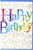 The card depicted here is a vivid celebration of a birthday, its design echoing the cheerful atmosphere of a Bromley Common gathering. Across the centre, the phrase Happy Birthday is written in generous, rounded letters that sweep in a continuous arc of colour. Each letter is dipped in its own shade-starting with rich crimson, melting into orange and golden yellow, moving through fresh green and turquoise, and ending in deeper blues and purples-so the words resemble a rainbow banner stretched above a party table. The colours soften into one another, giving the greeting a fluid, almost glowing quality, as though the ink were still drying. Behind the bold statement, the background is covered in delicate gold script repeating Happy Birthday to you. This script is fine and looping, reminiscent of a personal note written with care, and the metallic ink adds a subtle shimmer that would catch the light in a cosy Bromley Common front room. Light speckles and tiny star-like marks of colour are scattered around the main text, echoing the look of confetti that has gently settled after a lively toast. The card's surface appears sleek and smooth, with the gold lettering providing a slightly raised texture you could feel with your fingertips. Together, the rainbow letters and shimmering script create a sense of layered celebration: playful and colourful at first glance, then quietly heartfelt on closer inspection. It feels like the perfect card to rest alongside a fresh, locally arranged bouquet, turning a simple birthday wish into a vivid, memorable moment.