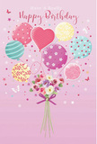 A whimsical birthday celebration unfolds on a soft pink canvas, as if floating above the tree-lined roads of Bromley Common. In the centre of the illustration, a cluster of pastel balloons rises with joyful energy, each one reflecting a slightly different character and mood. Some balloons are dressed in candy-coloured stripes that twist around their rounded forms, while others are sprinkled with playful polka dots that add a sense of lively motion. Near the centre, a heart-shaped balloon glows softly, symbolising affection and warm birthday love. The colours-creamy ivory, blush pink, mauve, mint, and buttery yellow-meld harmoniously, evoking the feel of a gentle spring morning. Below this cheerful parade, a bouquet gathers at the base, brimming with delicate roses and anemone-like blossoms that appear freshly arranged for a local birthday delivery. Their petals, soft and feathery, curl in layers of ivory, blush, and muted purple, suggesting a subtle, sweet fragrance. A violet satin bow encircles the stems, tied with the kind of careful precision that speaks of a skilled Bromley Common florist preparing a gift to be delivered along nearby residential streets. Tiny stars and butterfly figures are scattered lightly throughout the composition, adding a touch of fairy-tale wonder, as if the air itself were sparkling with celebration. The entire scene feels airy, sweet, and perfectly festive, capturing the essence of a birthday meant to be bright, heartfelt, and unforgettable, even before the card is opened.